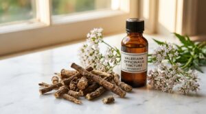 Raíz seca de valeriana junto a un frasco de tintura y flores frescas de Valeriana officinalis