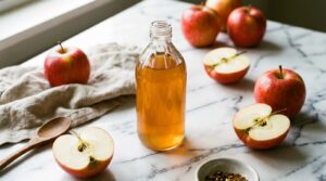 Vinagre de manzana en botella de vidrio junto a manzanas rojas frescas