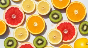 Frutas cítricas ricas en vitamina C: naranjas, limones, toronjas y kiwis en flat-lay
