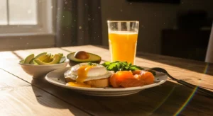 Alimentos ricos en vitamina D: salmón, huevos y jugo de naranja iluminados por luz solar matutina