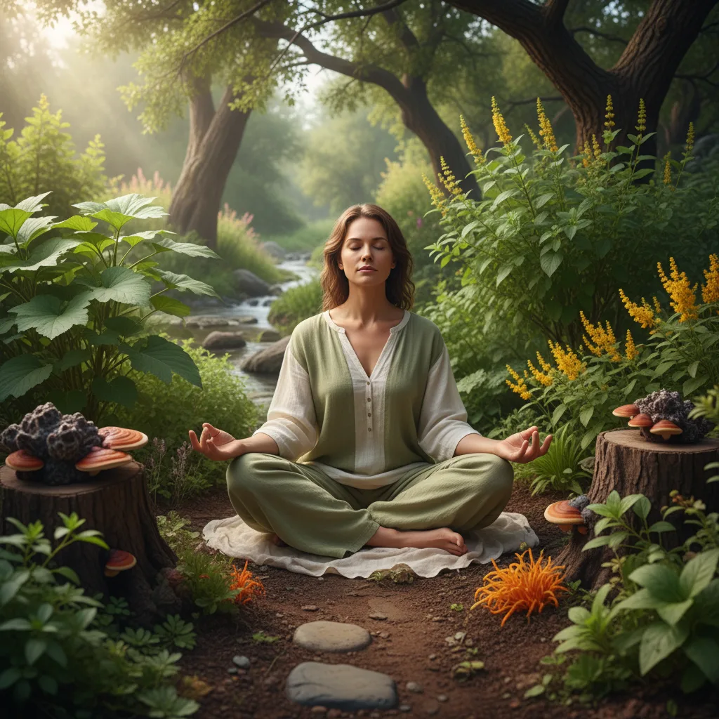 Persona meditando en posición de paz rodeada de hierbas adaptógenas