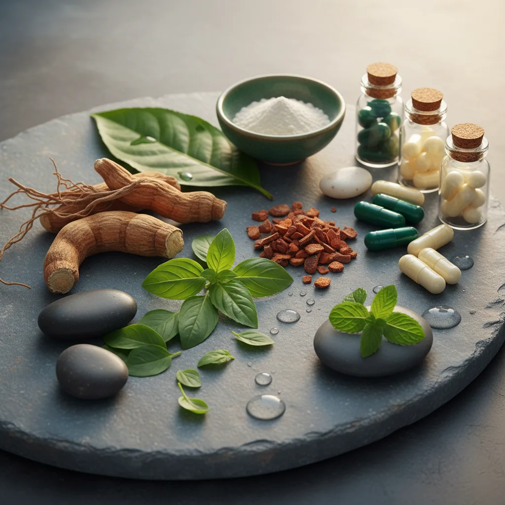 Composición zen de hierbas adaptogénicas: ashwagandha, rhodiola y albahaca santa