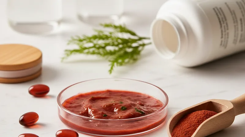 Corte microscópico de dermis mostrando fibras de colágeno y elastina protegidas por astaxantina