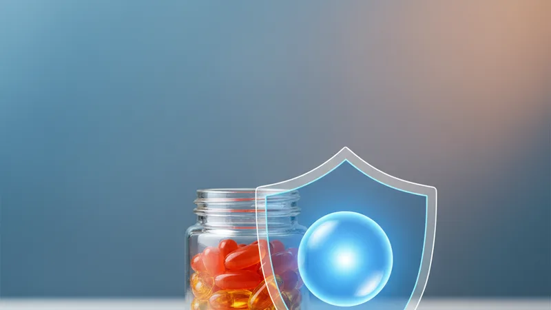 Espacio de trabajo con monitor y frascos de suplementos de luteína y astaxantina