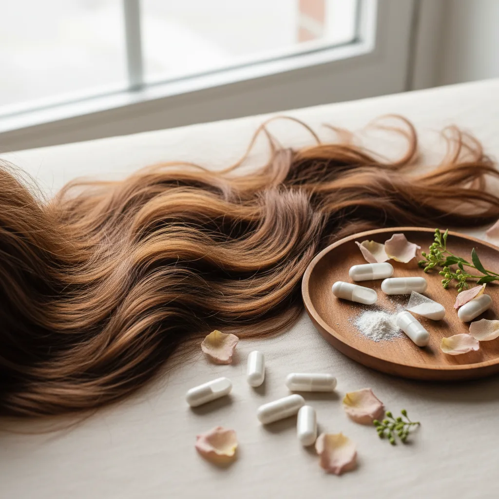 Cabello saludable y brillante junto a cápsulas de biotina