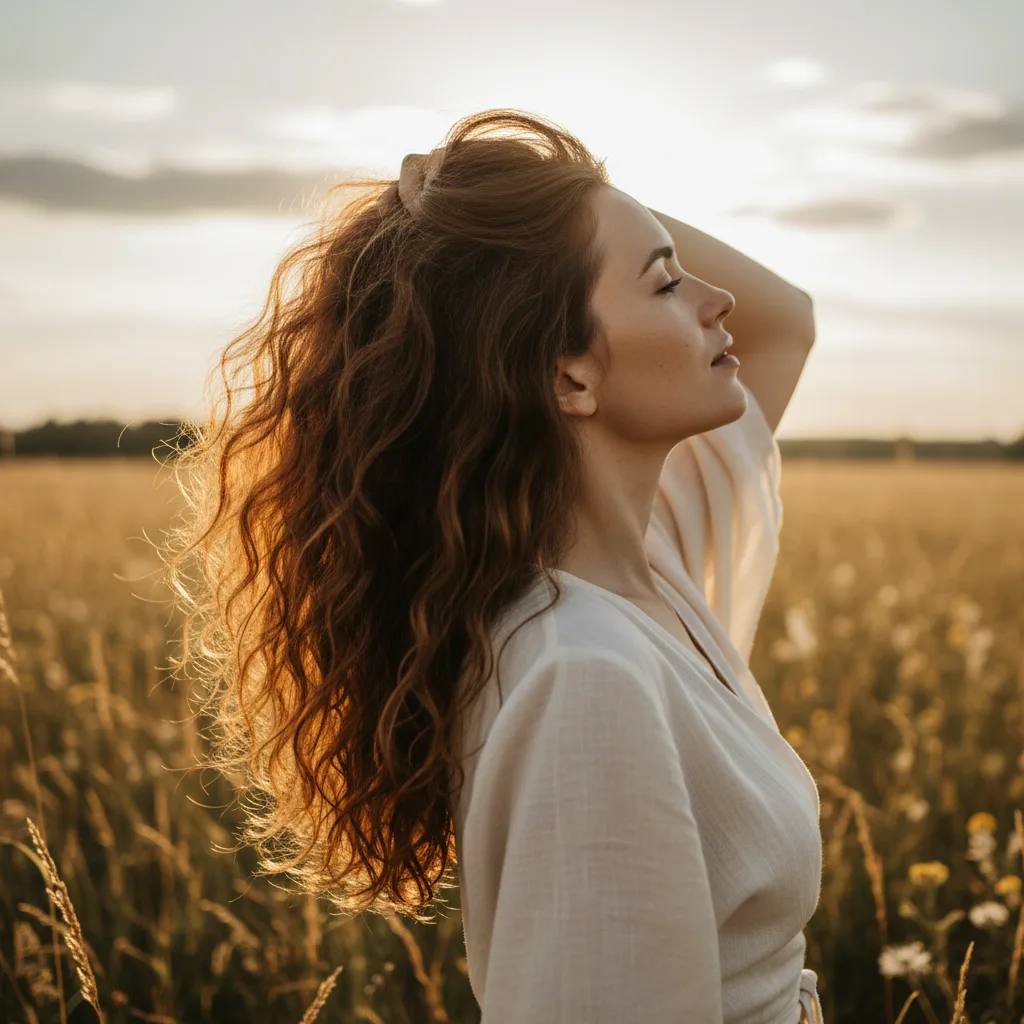 Mujer pasando los dedos por cabello grueso y saludable con luz natural