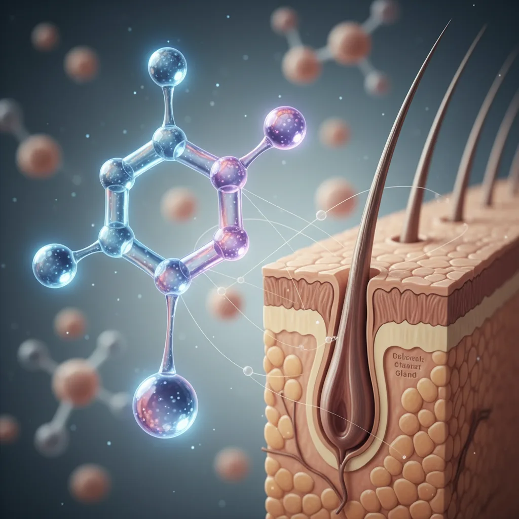 Estructura 3D de molécula de biotina junto a sección de folículo capilar