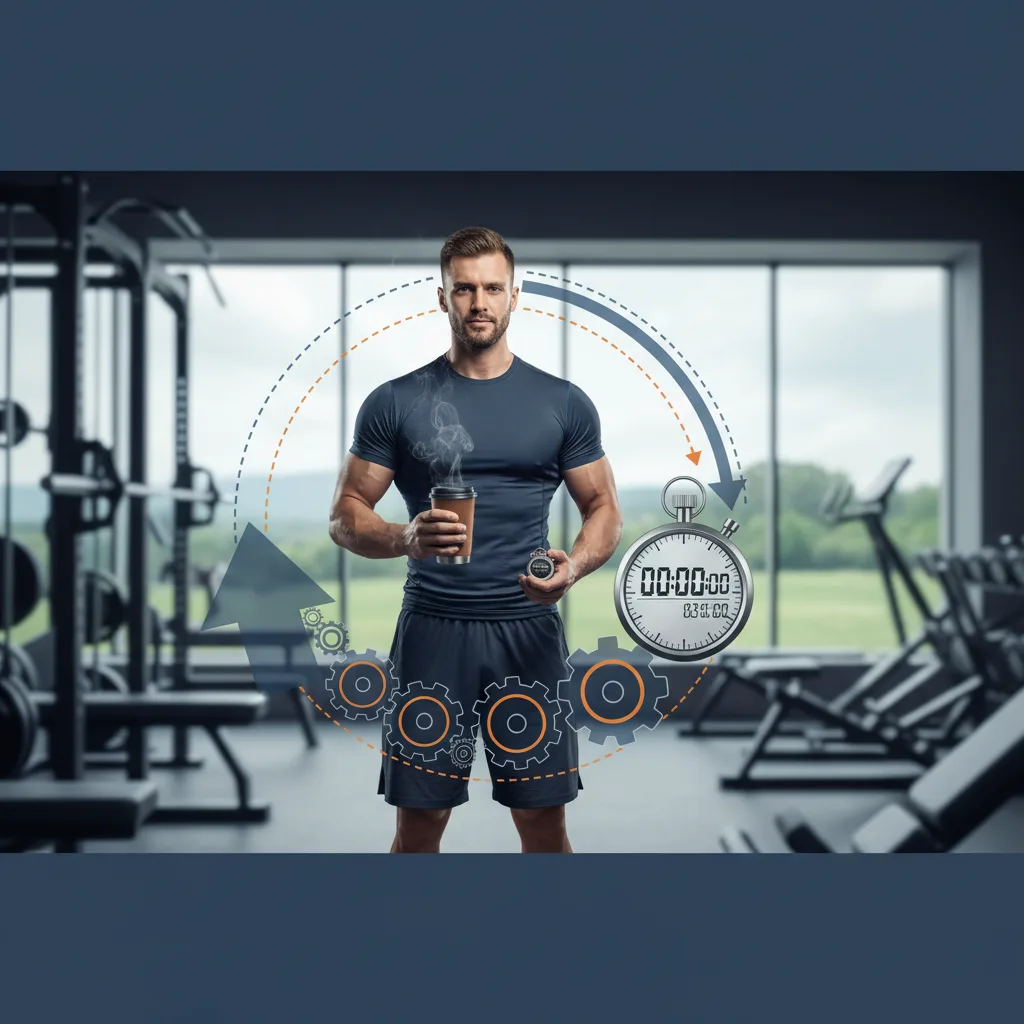 Deportista en gimnasio con taza de café y cronómetro representando protocolo de ciclado de cafeína