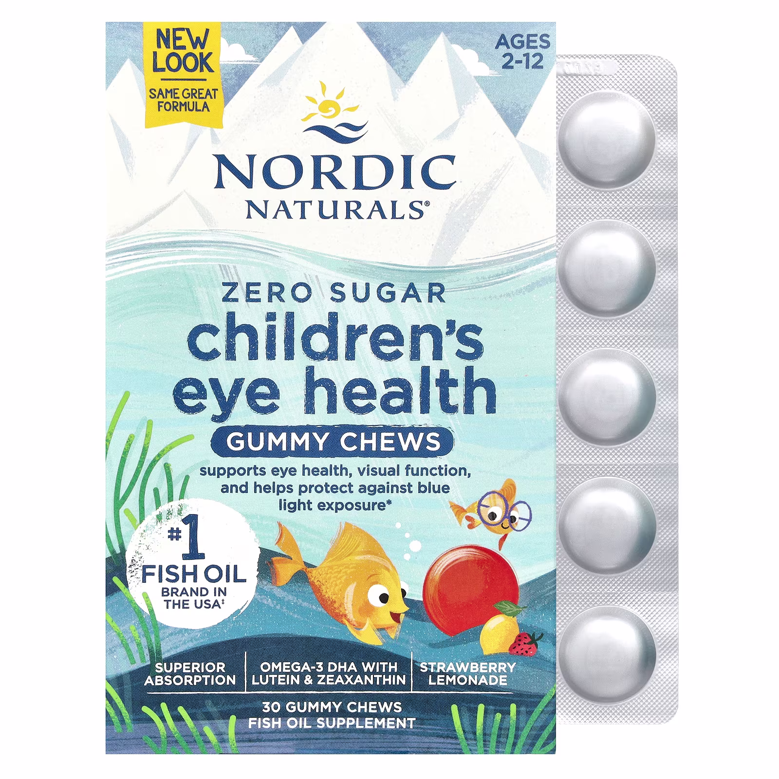 Infantil Salud Ocular Gomitas, Sin Azúcar, Edades 2-12, Sabor a Fresa-Limonada, 30 Gomita Chews, Nordic Naturals