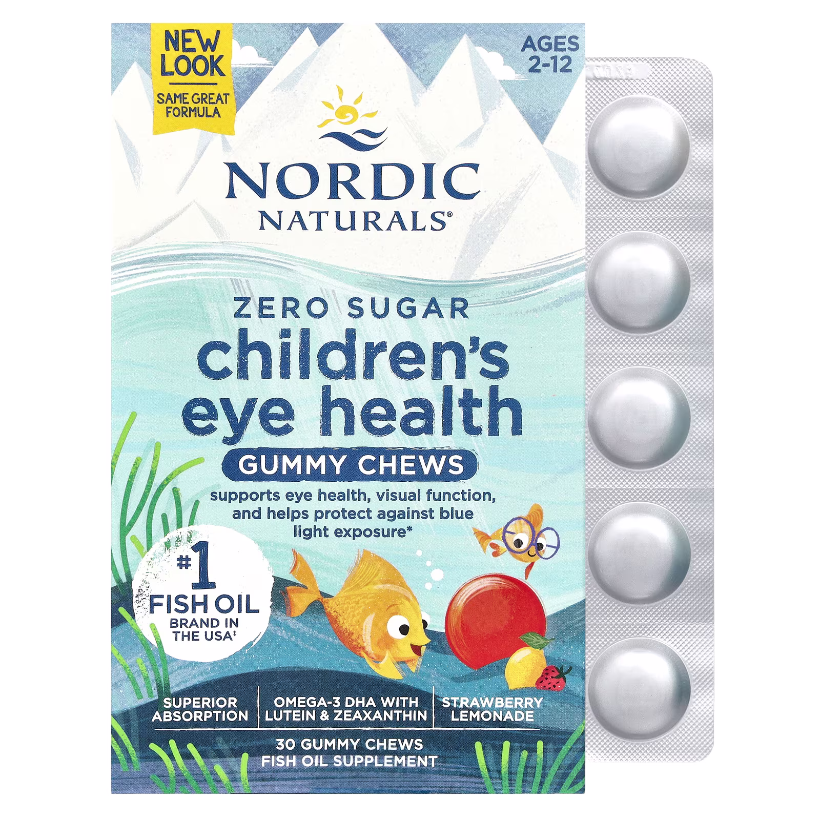 Infantil Salud Ocular Gomitas, Sin Azúcar, Edades 2-12, Sabor a Fresa-Limonada, 30 Gomita Chews, Nordic Naturals