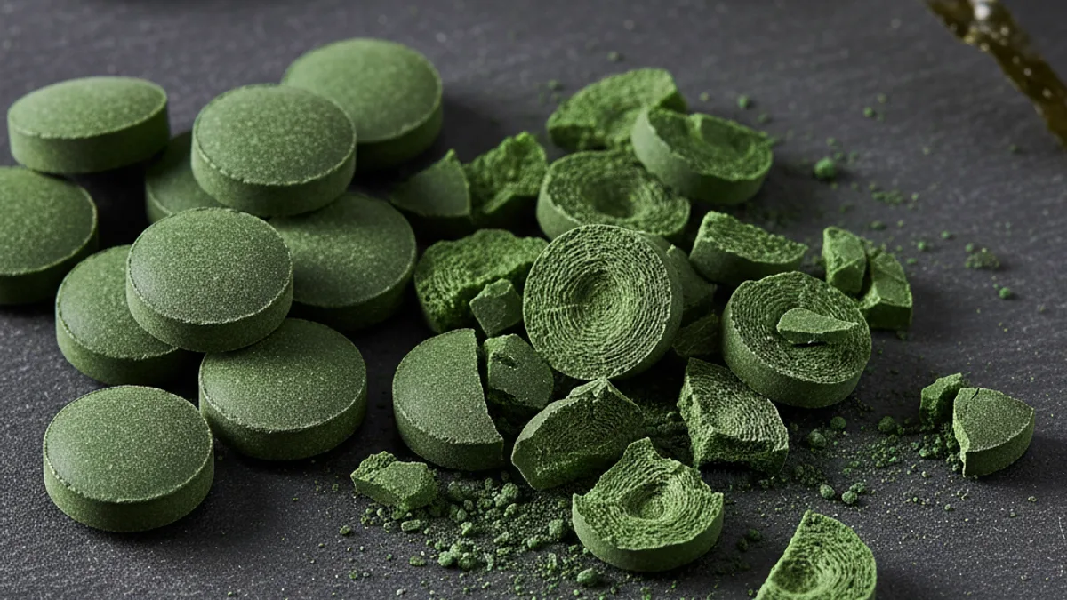 Comparación microscópica de chlorella con pared celular intacta versus chlorella con pared celular rota liberando nutrientes