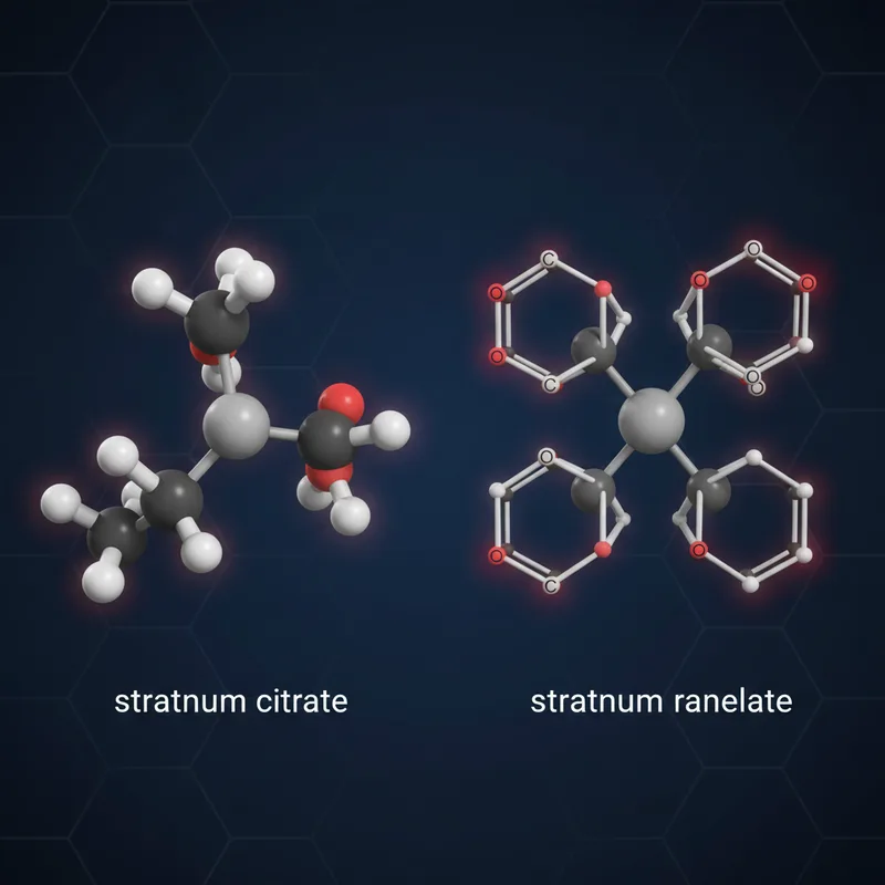 Comparación molecular de ranelato de estroncio (medicamento) y citrato de estroncio (suplemento) mostrando el átomo de estroncio unido a distintos vehículos
