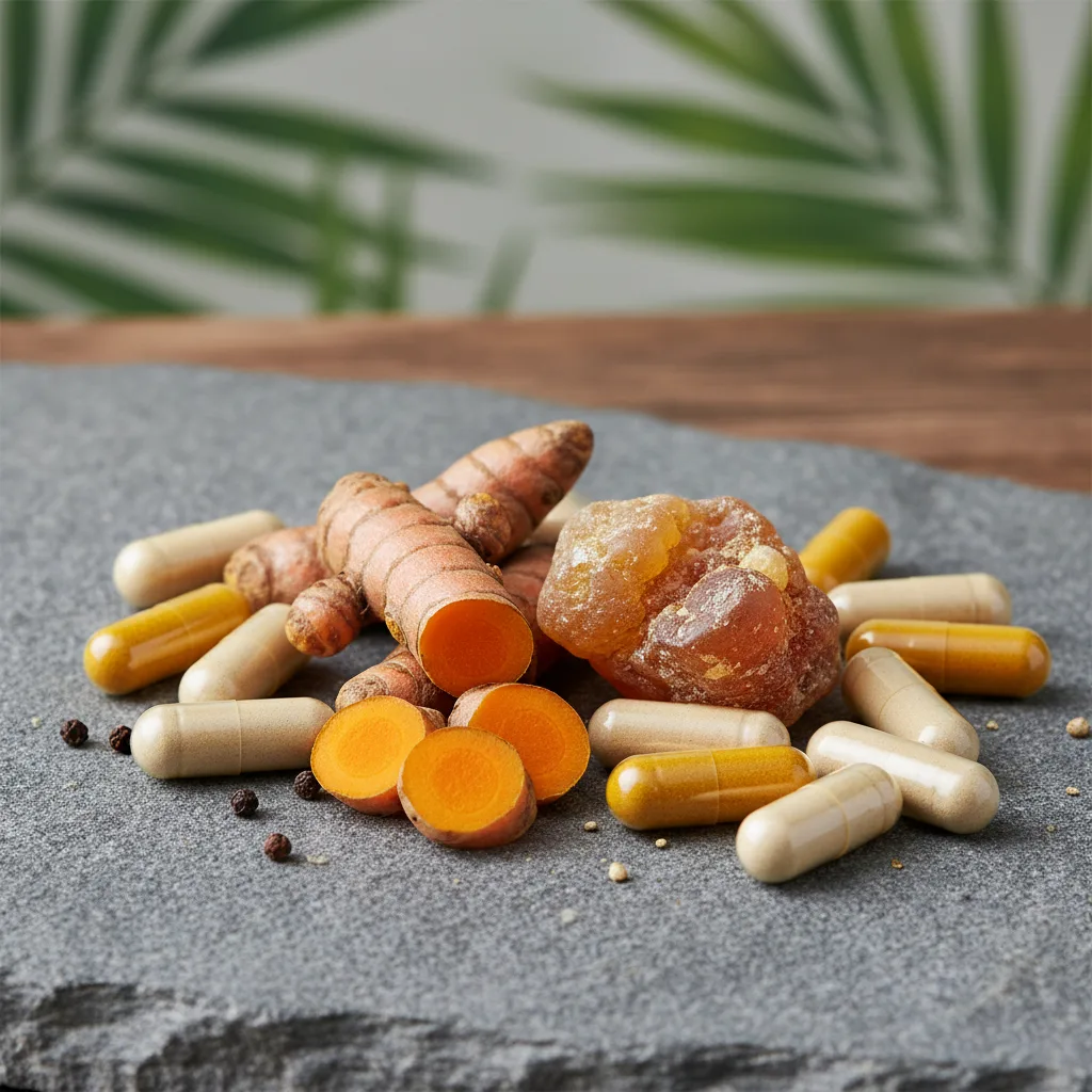 Raíz de cúrcuma dorada junto a resina de Boswellia y cápsulas liposomales sobre fondo clínico de consultorio médico