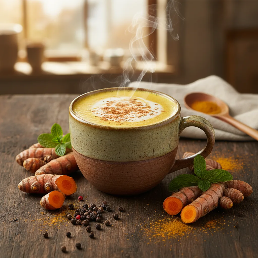 Latte dorado de cúrcuma en taza de cerámica rodeado de raíces frescas y pimienta negra