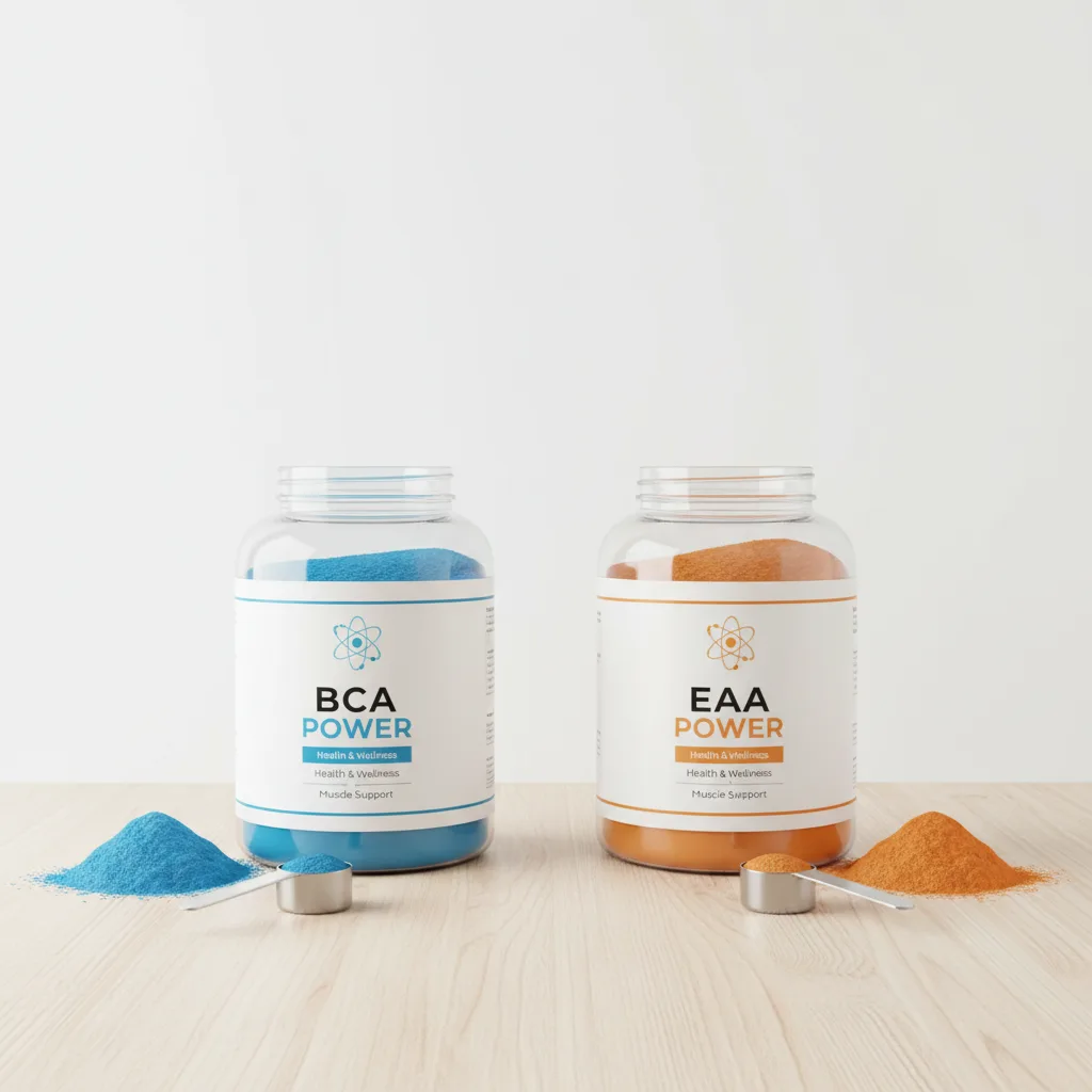 Comparación visual entre BCAA (3 aminoácidos) y EAA (9 aminoácidos) con iconografía deportiva