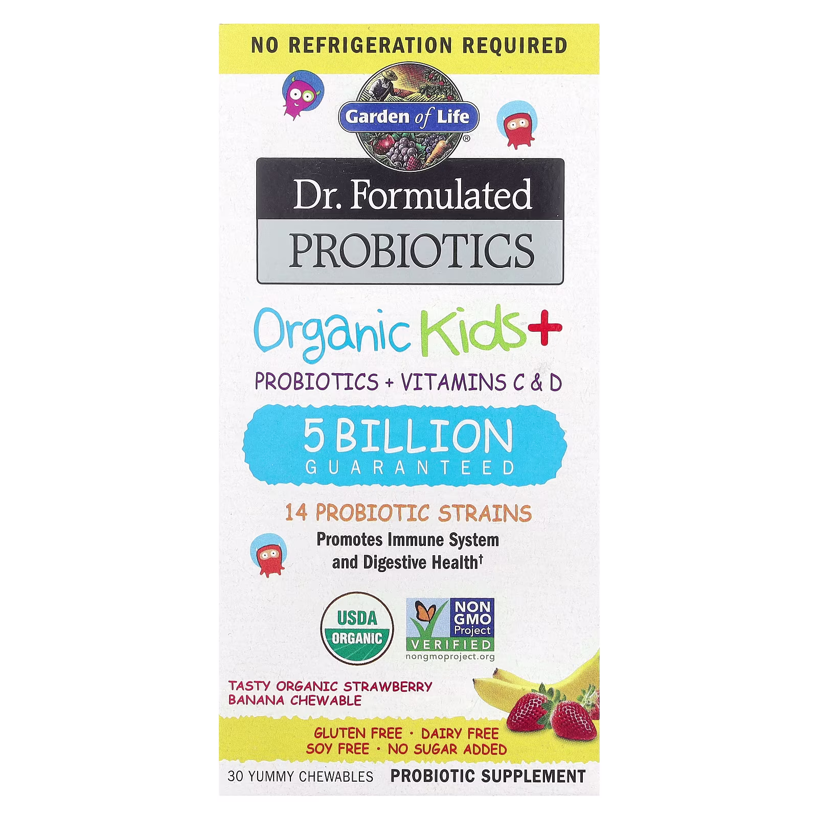 Dr. Formulated Probiotics, Tabletas masticables orgánicos para niños, Fresa y plátano orgánicos sabrosos, 30 deliciosos tabletas masticables, Garden of Life