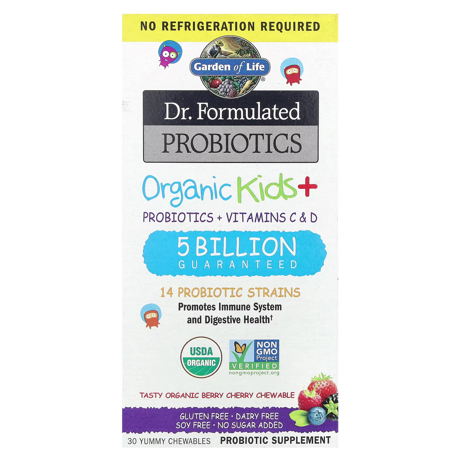 Dr. Formulated Probiotics, Orgánicos y para niños, Sabor a bayas y cerezas orgánicas, 30 masticables deliciosos, Garden of Life