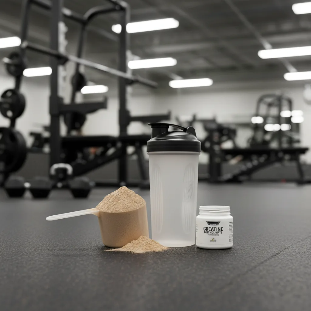 Desglose visual del batido post-entreno mostrando scoops de whey, ganador, creatina y frutas congeladas