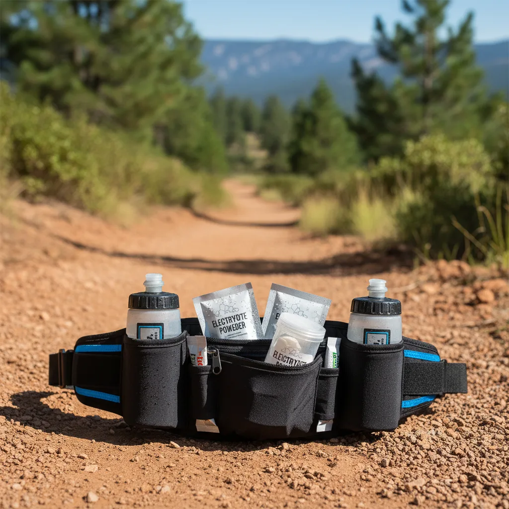 Atleta de resistencia revisando cápsulas de electrolitos y plan de hidratación antes de una carrera de ultratrail