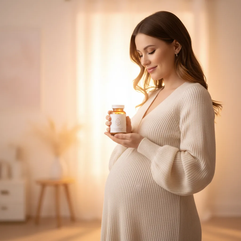 Mujer embarazada sosteniendo un frasco de suplemento prenatal con luz cálida de fondo