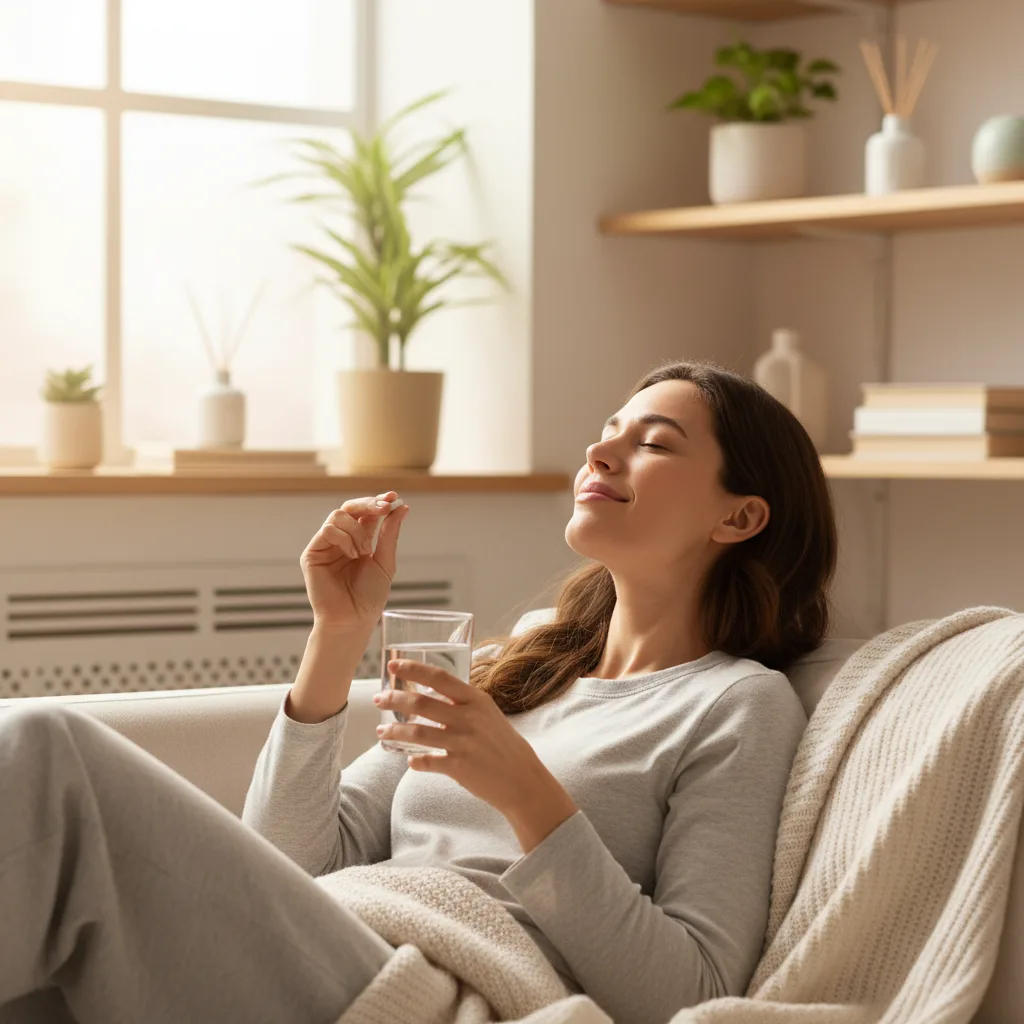 Mujer relajada tomando suplemento de magnesio malato con expresión de alivio