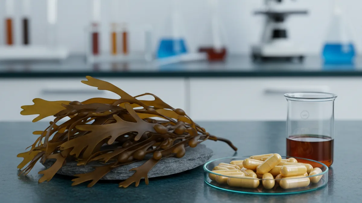 Estructura molecular del fucoidano con sus cadenas de fucosa sulfatada y celulas NK activadas en el fondo