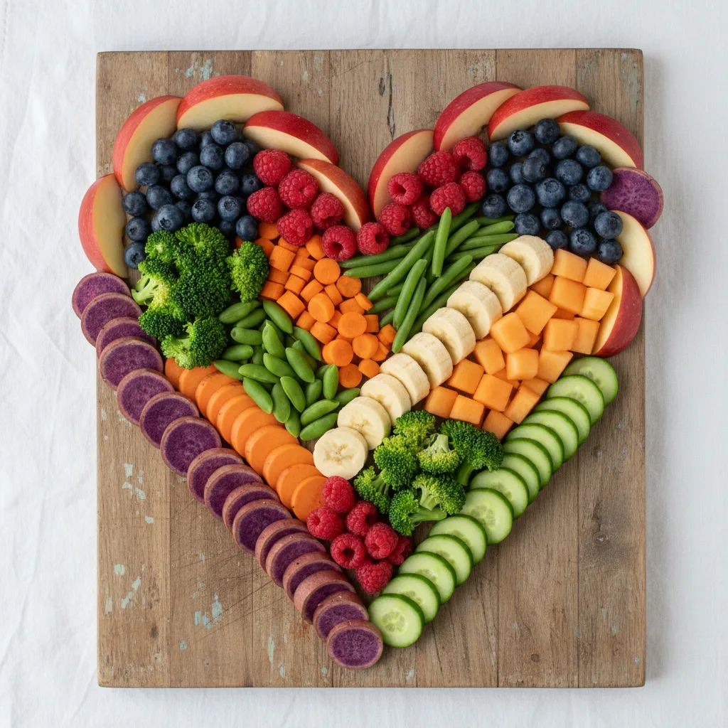 Variedad colorida de frutas y verduras seguras para perros en forma de corazón