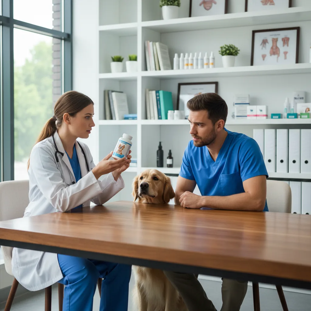Veterinario mostrando suplemento vitamínico a dueño atento en consultorio