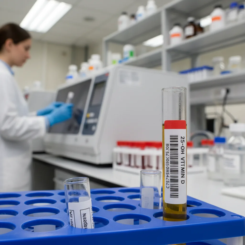 Análisis de sangre mostrando niveles de 25-hidroxivitamina D y calcio sérico