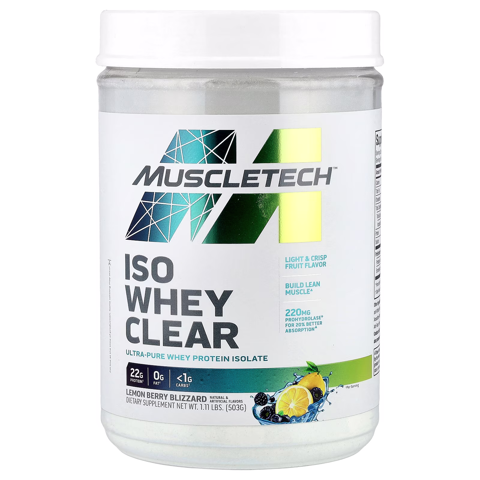 ISO Whey Clear, Aislado de proteína de suero de leche ultrapuro, Ventisca de bayas de limón, 503 g (1,11 lb), MuscleTech