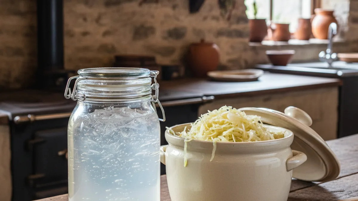 Frasco de cristal con kéfir de agua burbujeante y chucrut casero en proceso de fermentación sobre mesón de cocina