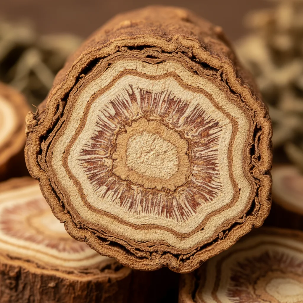 Sección transversal de raíz de ashwagandha mostrando estructura interna