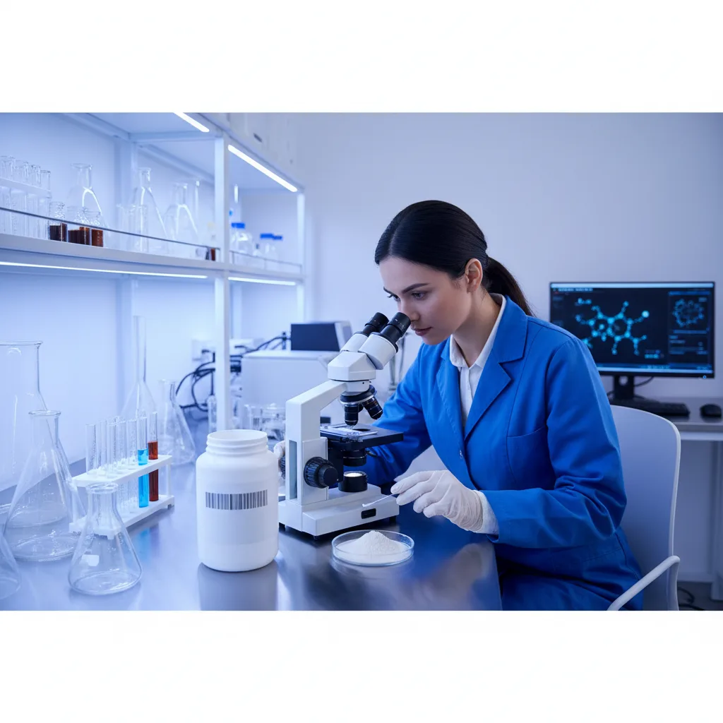 Científico analizando polvo de suplemento bajo microscopio en laboratorio