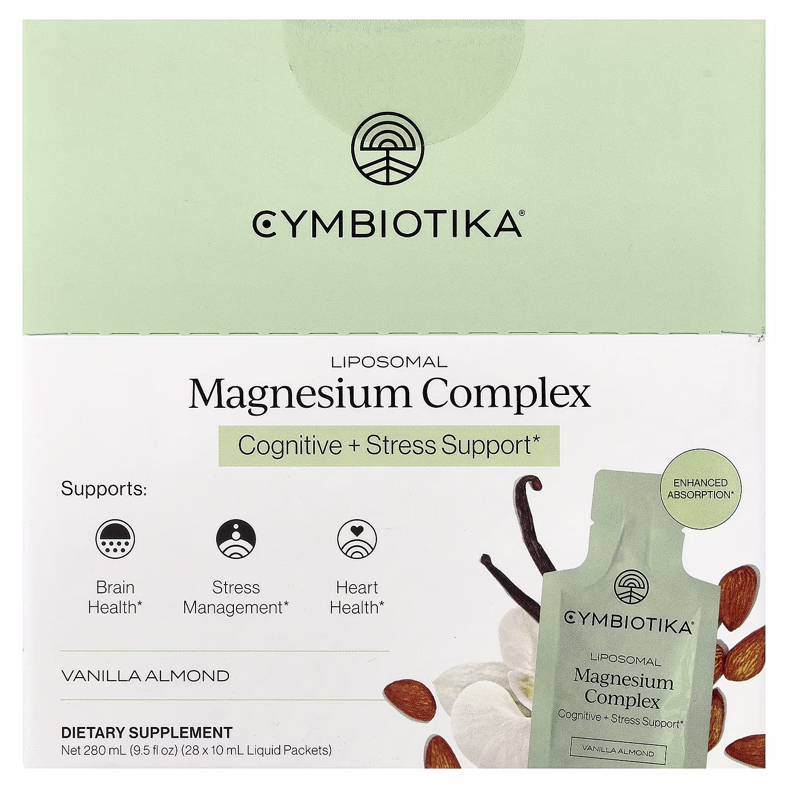 Complejo Liposomal de Magnesio, Vainilla y almendra, 28 sobres líquidos, 10 ml (0,3 oz. líq.) cada uno, Cymbiotika