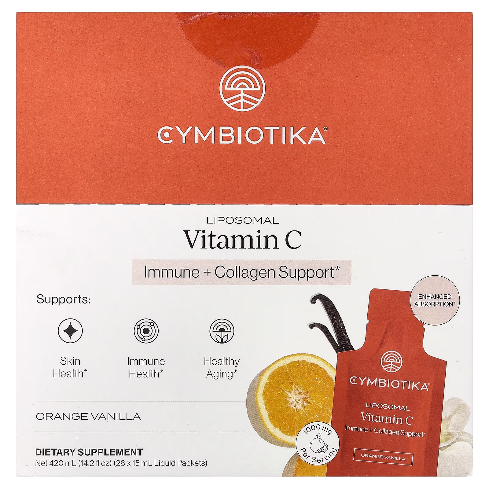 Liposomal Vitamina C, Naranja y vainilla, 28 sobres, 15 ml (0,5 oz. líq.) cada uno, Cymbiotika