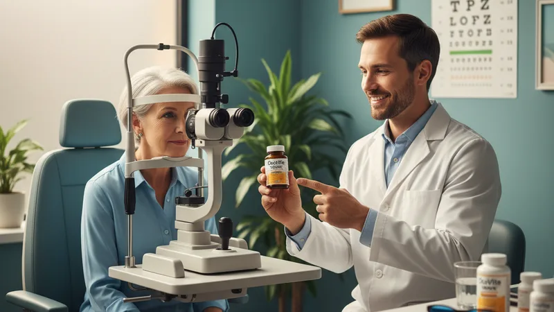 Ingredientes de la fórmula AREDS2 distribuidos con cápsulas y etiquetas de dosis