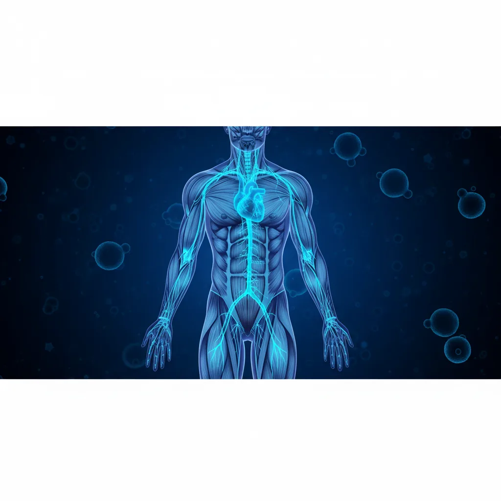 Ilustración anatómica del cuerpo humano mostrando músculos y sistema nervioso en tonos azules