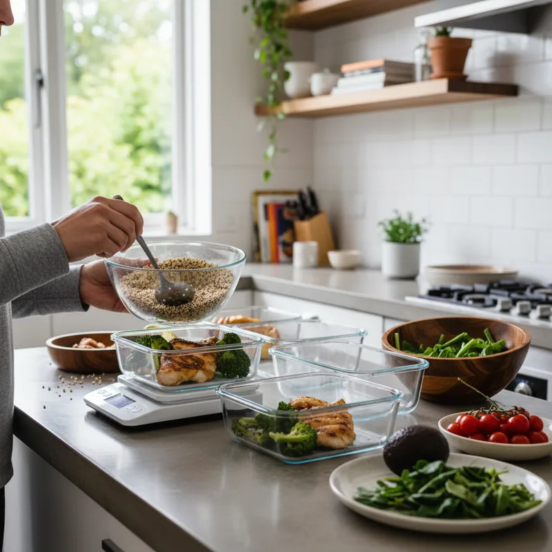 Ingredientes organizados para meal prep semanal con proteínas, vegetales, granos y especias sobre mesón de cocina