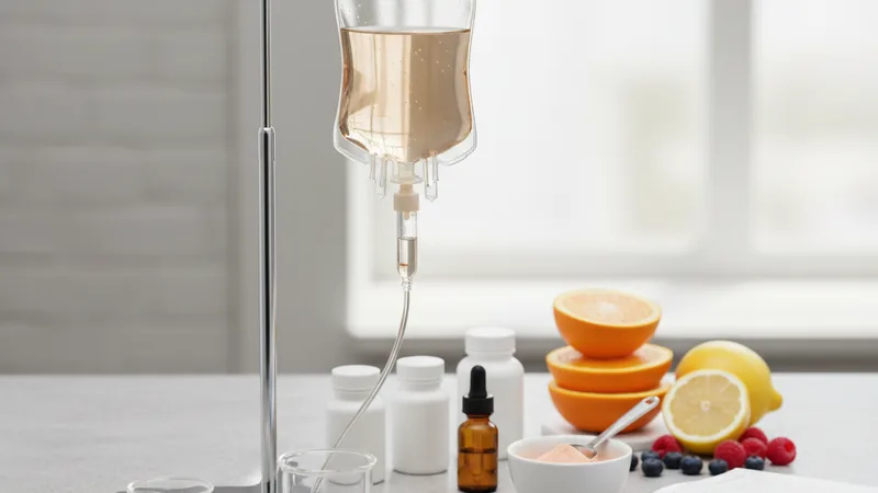 Paciente recibiendo suero intravenoso en clínica estética con ambiente moderno y luces cálidas