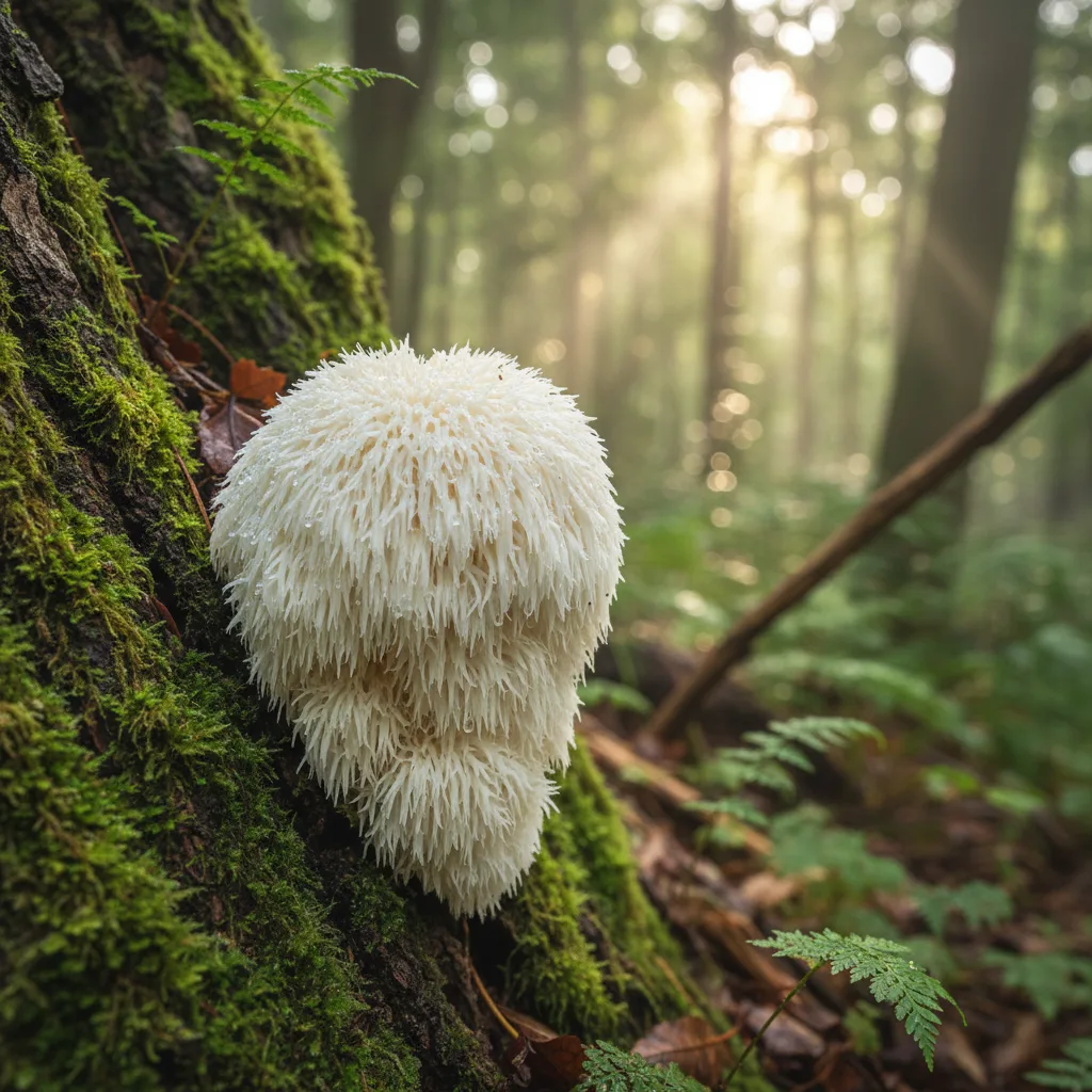 Hongo melena de león fresco creciendo en tronco de árbol en bosque