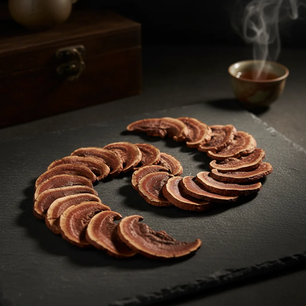 Rebanadas de hongo reishi seco sobre superficie oscura con iluminación dramática