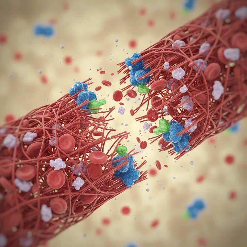 Diagrama molecular mostrando la natoquinasa degradando fibrina de un coágulo en fragmentos