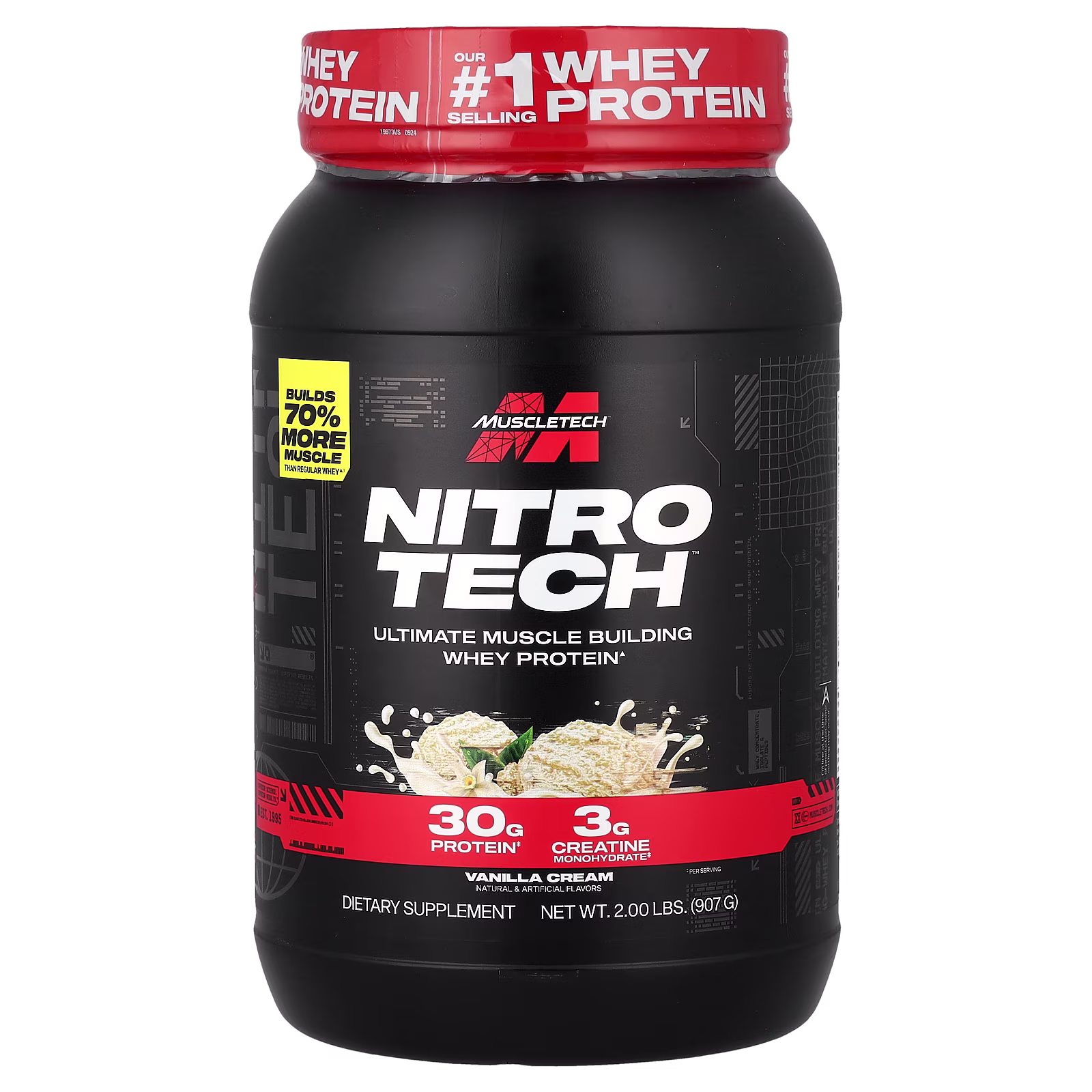 Nitro-Tech™ Ultimate Muscle Building Whey Protein, Proteína de suero de leche superior para el desarrollo muscular, Crema de vainilla, 907 g (2 lb), MuscleTech