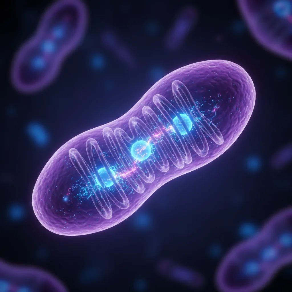 Ilustración 3D detallada de mitocondria con visualización de producción de energía bioluminiscente