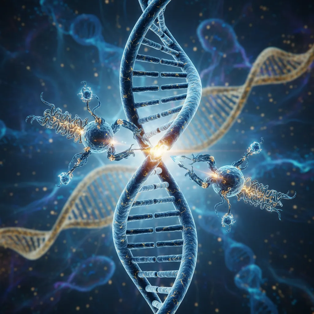 Doble hélice de ADN con enzimas de reparación en ilustración científica futurista