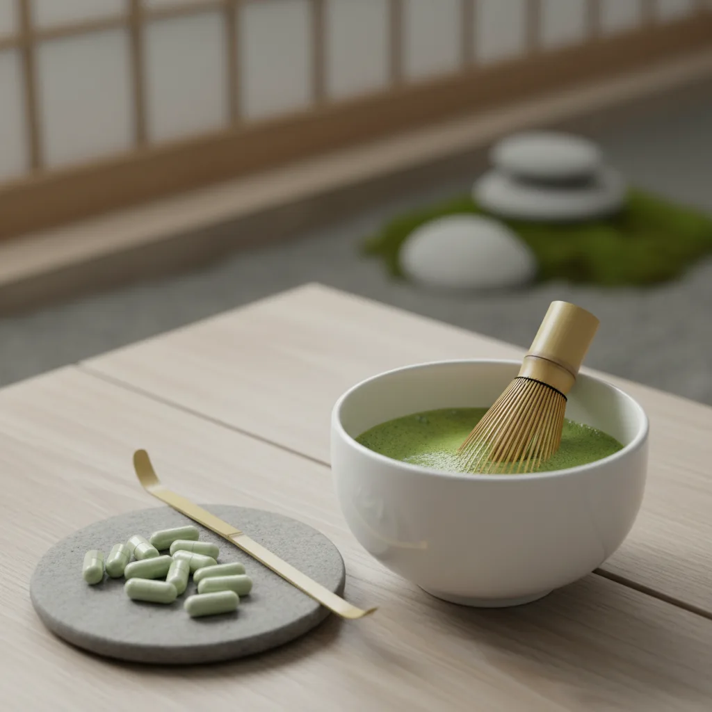 Diagrama del mecanismo de acción de L-teanina en ondas cerebrales alfa y neurotransmisores GABA y glutamato