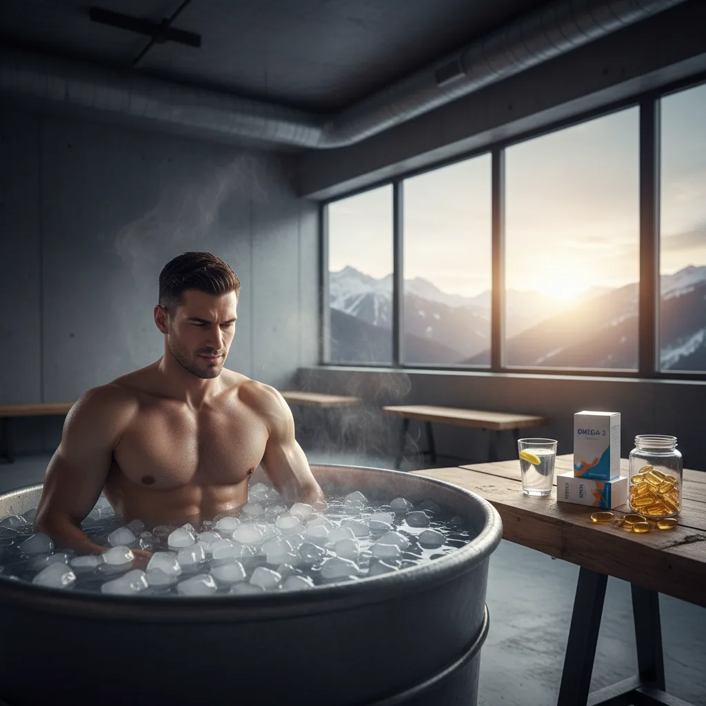 Cápsulas de omega-3 junto a equipamiento deportivo de resistencia