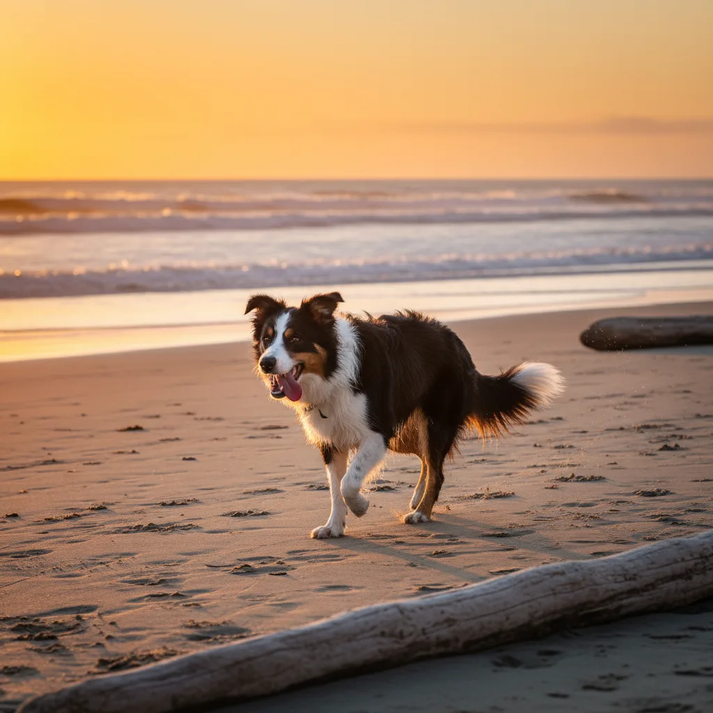 Border collie feliz corriendo en la playa con pelaje brillante y saludable