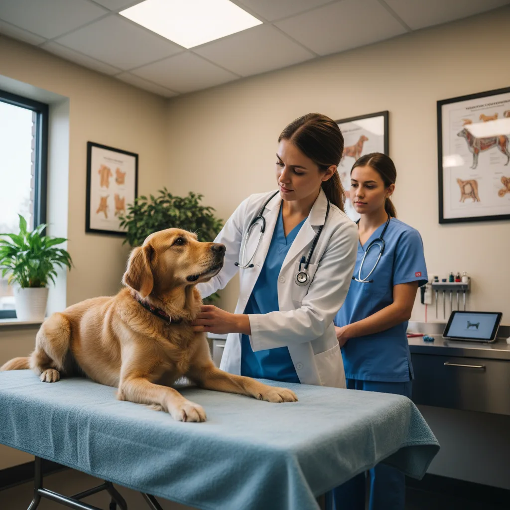 Veterinario examinando las articulaciones de un perro en clínica profesional