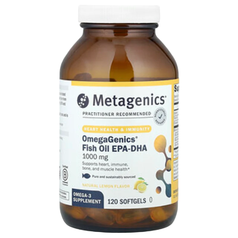 OmegaGenics®, Fish Oil EPA-DHA, Natural Lemon, 1,000 mg, 120 Cápsulas Blandas, Metagenics